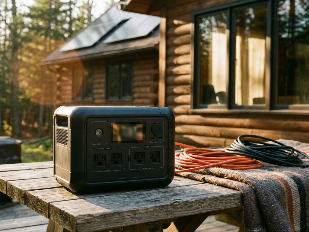 Draagbare powerstation met oplaadpoorten op houten tafel naast off-grid hut met zonnepanelen op dak