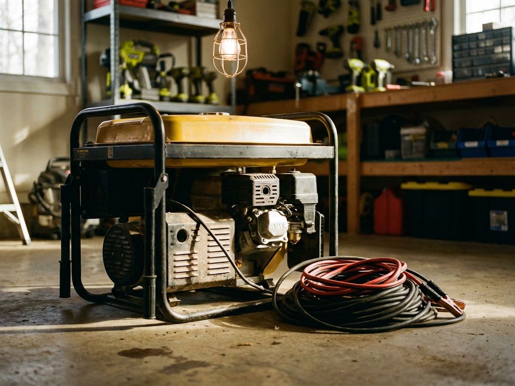 Draagbare generator op betonnen garagevloer met opgerolde elektrische kabels en werkplaatsgereedschap op achtergrond