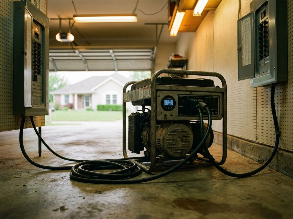 Draagbare generator aangesloten op elektrisch paneel in garage met stroomkabels en voltage meter