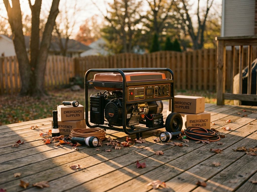 Draagbare generator op houten terras met noodvoorraden en zaklampen, voorbereid op stroomuitval tijdens herfst