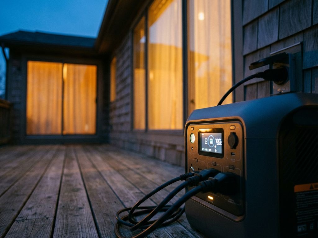 Draagbare generator op houten terras aangesloten op woning tijdens schemering, warme raamverlichting zichtbaar