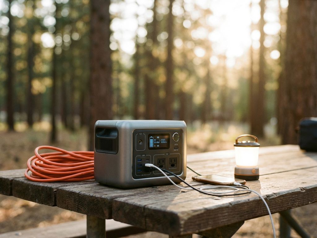 Draagbare powerstation met LED-display op houten campingtafel, smartphone en lantaarn opladen in bos bij zonsondergang