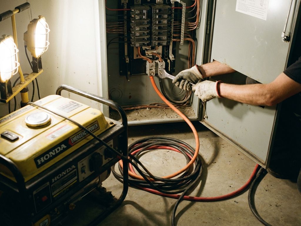 Elektricien sluit dikke kabels van noodgenerator aan op open elektriciteitspaneel met zekeringen en koperen bedrading