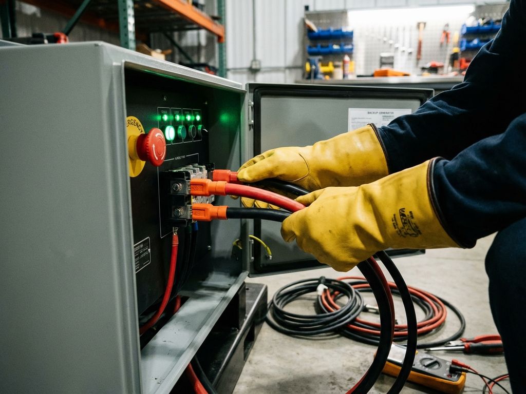 Elektricien met gele veiligheidshandschoenen sluit noodstroomkabels aan op generator bedieningspaneel in werkplaats