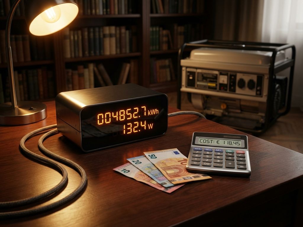 Digitale elektriciteitsmeter met lopende nummers op bureau naast rekenmachine, eurobiljetten en noodgenerator op achtergrond