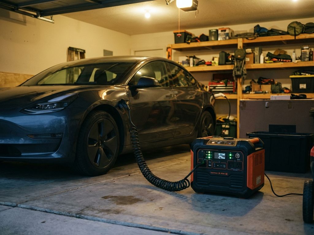 Elektrische auto aangesloten op draagbare noodstroomgenerator in woongarage, actieve statuslampjes zichtbaar op bedieningspaneel