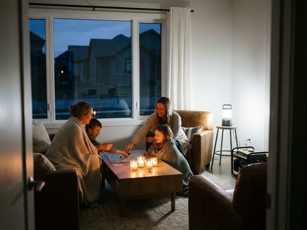 Familie verzameld rond koffietafel met kaarslicht tijdens stroomuitval, noodgenerator lamp verlicht hoek van woonkamer