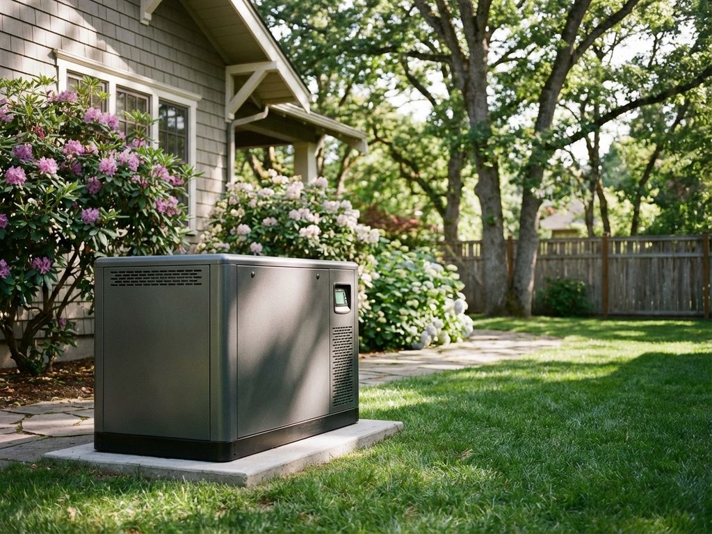 Moderne backup generator op betonnen pad in rustige achtertuin naast goed onderhouden huis met groene tuin