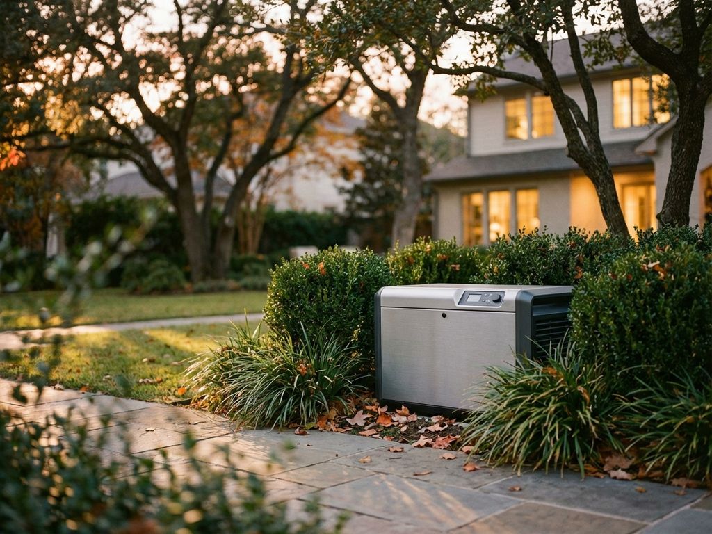 Moderne generator in rustige achtertuin tussen tuinlandschap, met zachte avondverlichting en herfstbladeren