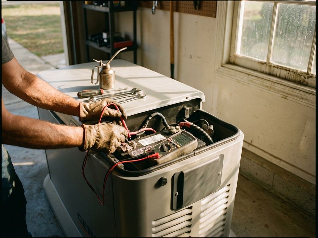 Persoon controleert accu-aansluitingen van noodstroomaggregaat met multimeter in garage, onderhoudsgereedschap nabij