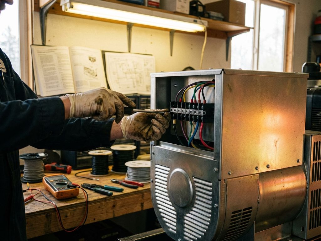 Persoon verbindt elektrische draden met noodstroomgenerator in garage werkplaats, gereedschap op werkbank zichtbaar