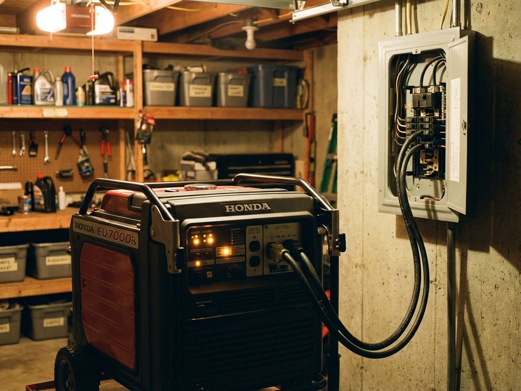 Noodstroomaggregaat in woongarage met dikke stroomkabels naar elektriciteitspaneel, gereedschap op planken