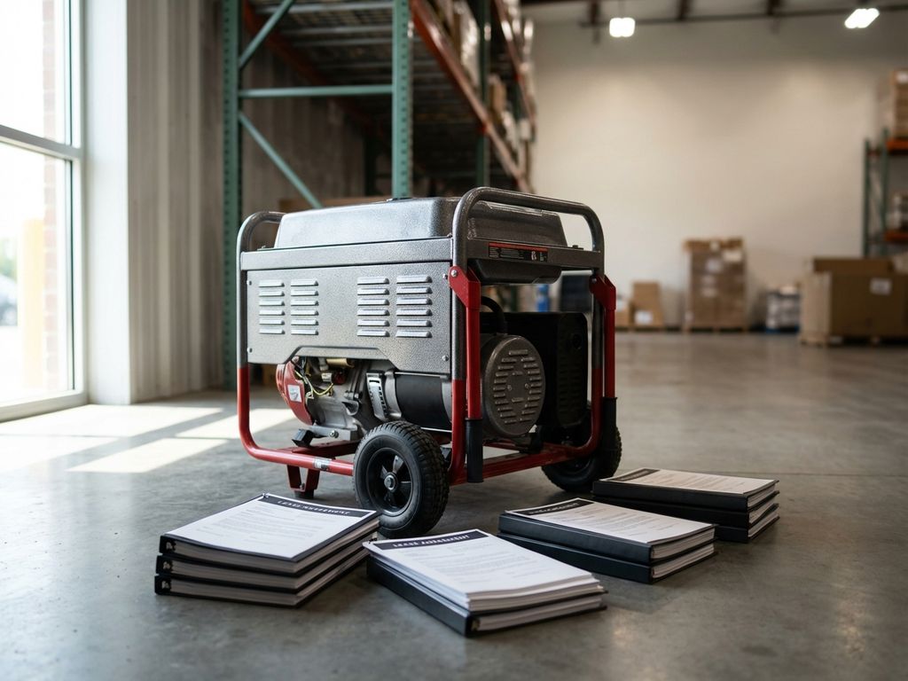 Draagbare generator op industriële vloer met leasedocumenten eronder in professionele bedrijfsomgeving