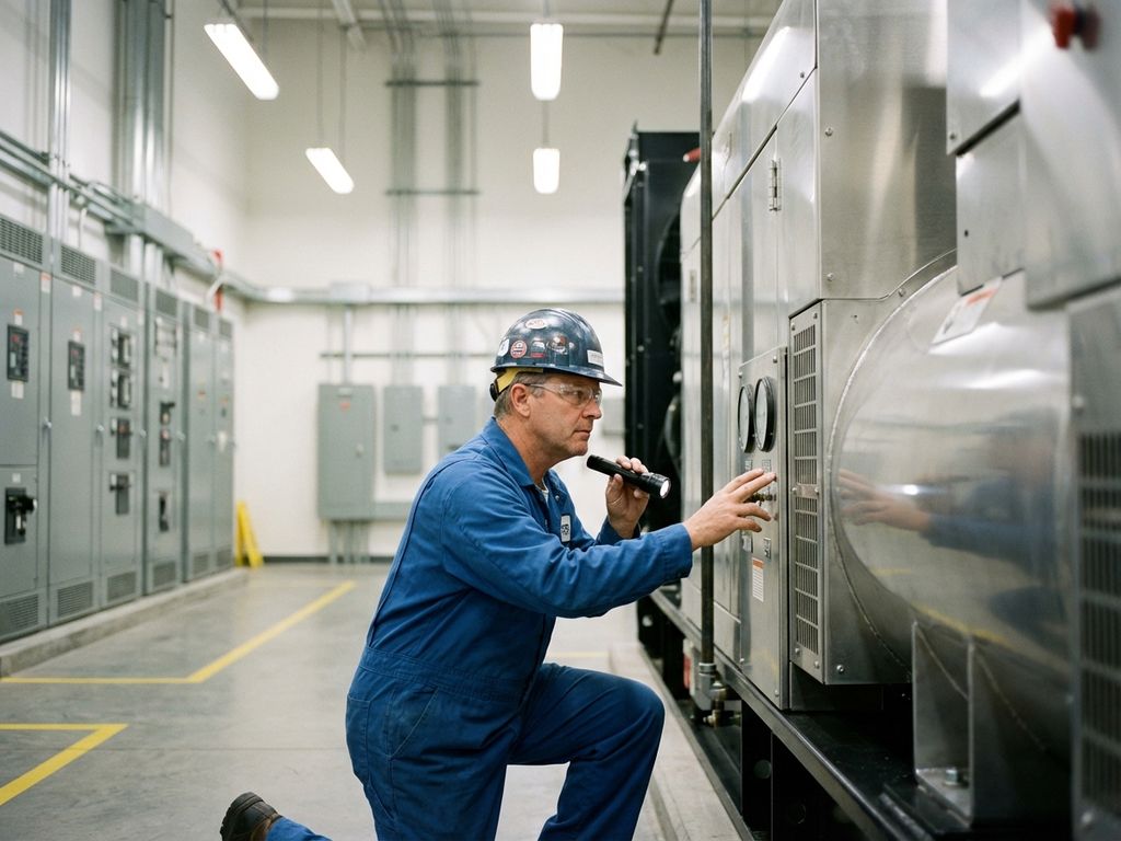Professionele technicus inspecteert grote noodstroomgenerator in industriële faciliteit, controleert meters en aansluitingen