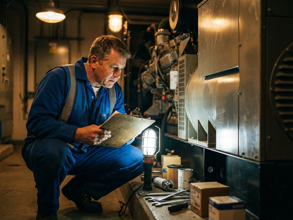 Technicus in werkkleding controleert onderhoudshandleiding bij industriële noodgenerator met gereedschap op betonvloer