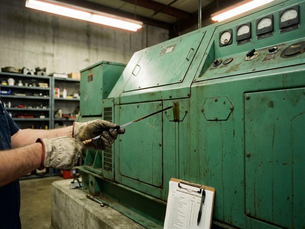 Technicus controleert oliepeil van noodgenerator met peilstok in industriële werkplaats