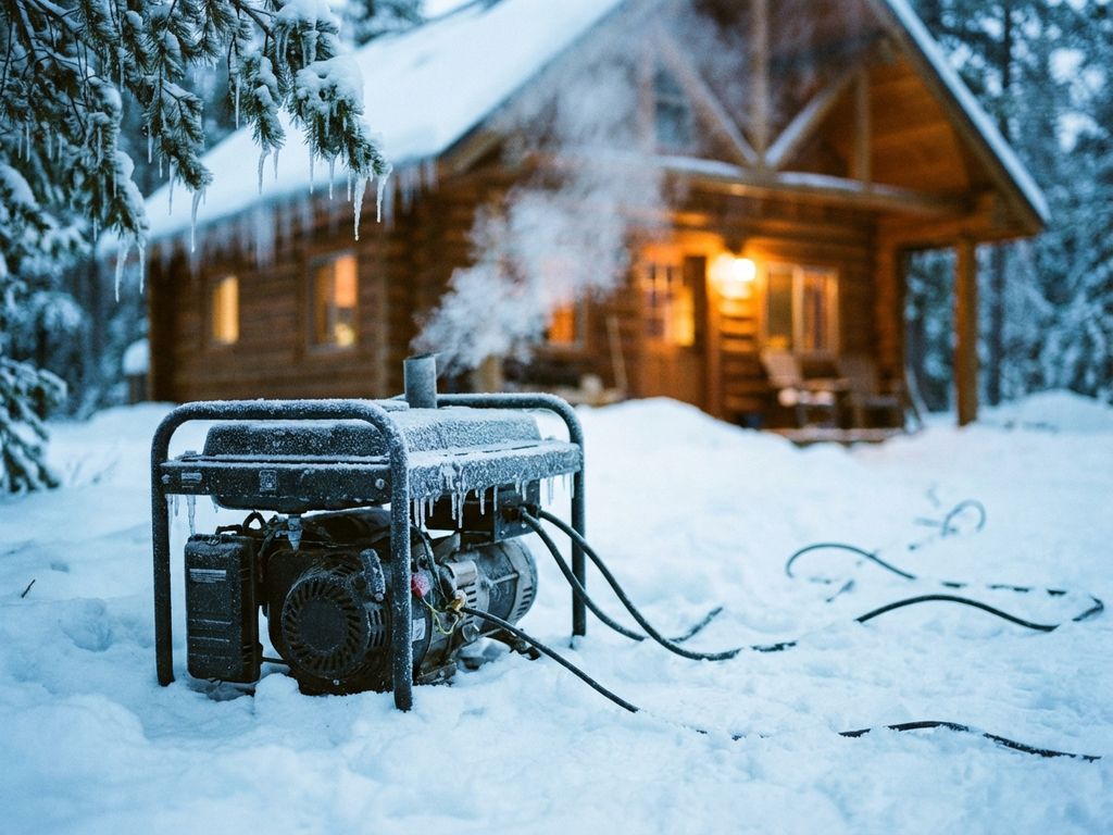 Draagbare generator bedekt met rijp in diepe sneeuw, stroomkabels naar verlichte blokhut, ijspegels aan dennentakken