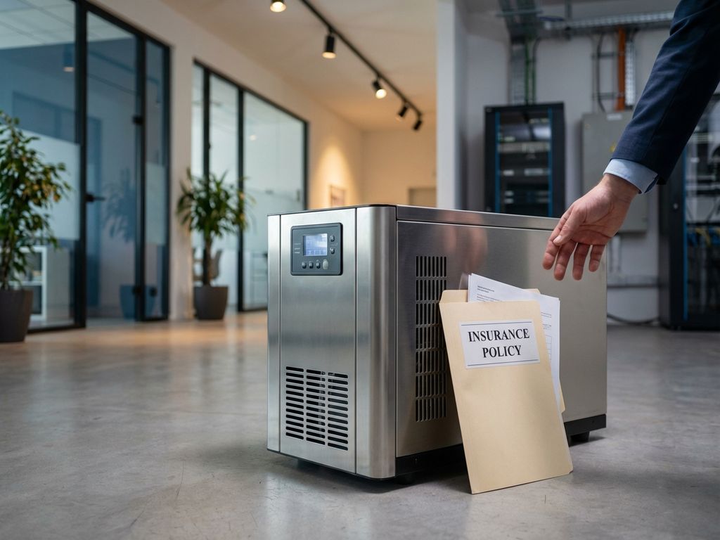 Moderne back-up generator met verzekeringsdocumenten en zakenman's hand in professionele kantooromgeving