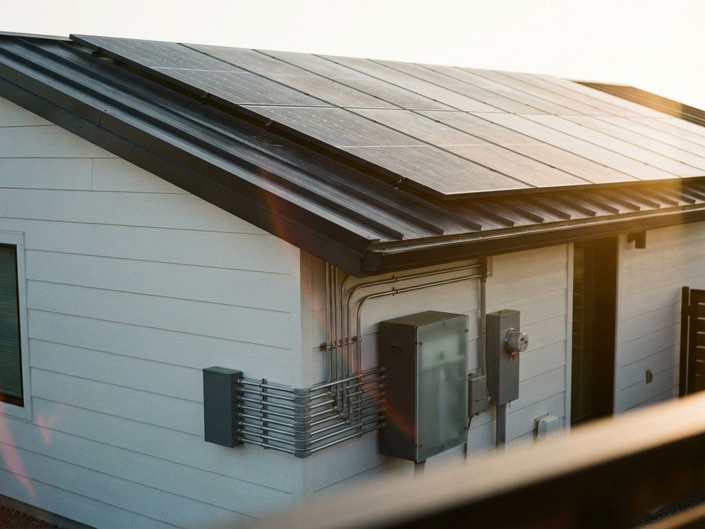 Moderne woning met zonnepanelen op dak en compacte batterij-eenheid aan zijmuur tijdens gouden uur