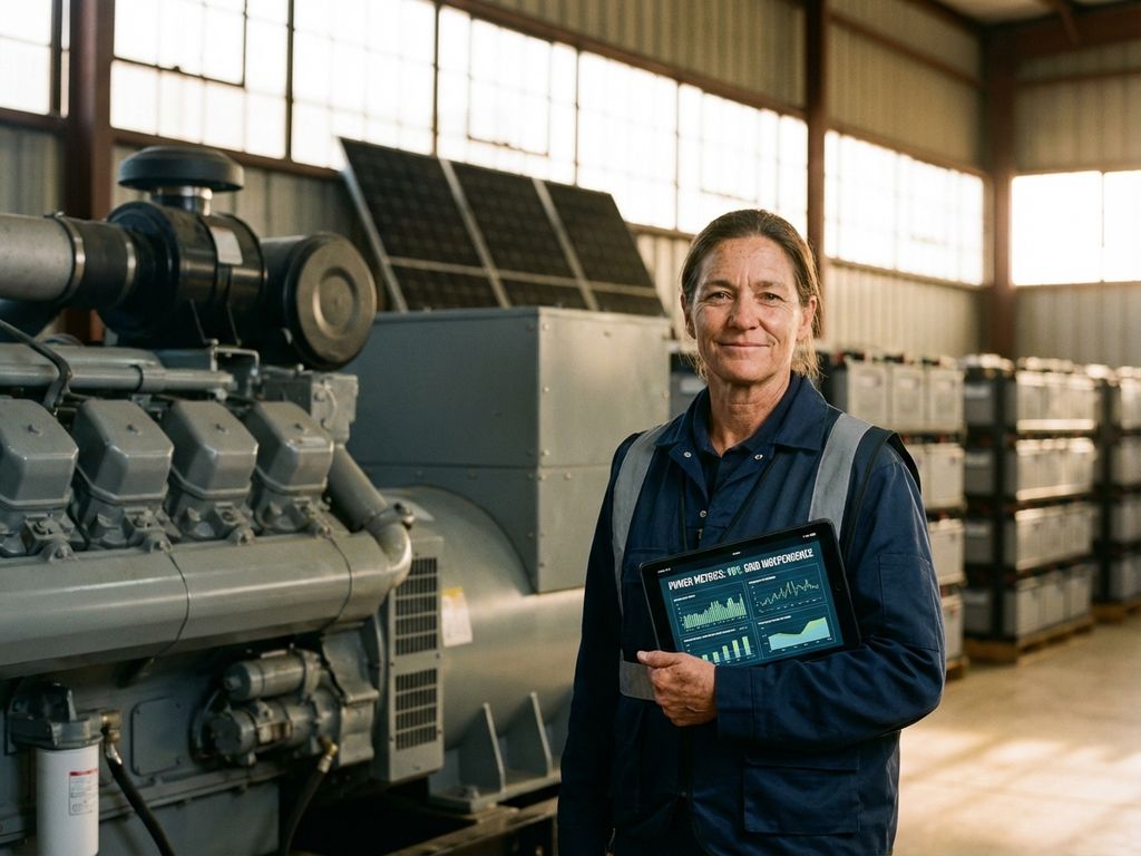 Industriële faciliteitmanager met tablet naast noodgenerator in moderne fabriek met zonnepanelen en batterijopslag