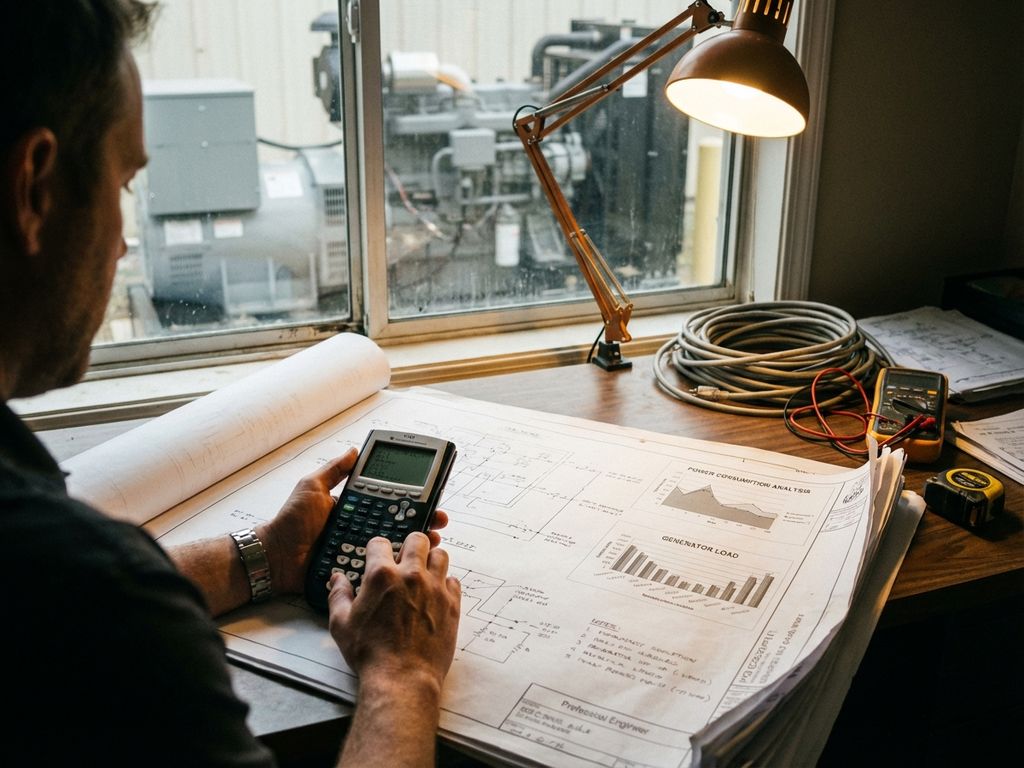 Ingenieur gebruikt rekenmachine bij elektrische blauwdrukken op houten bureau met technische tekeningen en meetgereedschap
