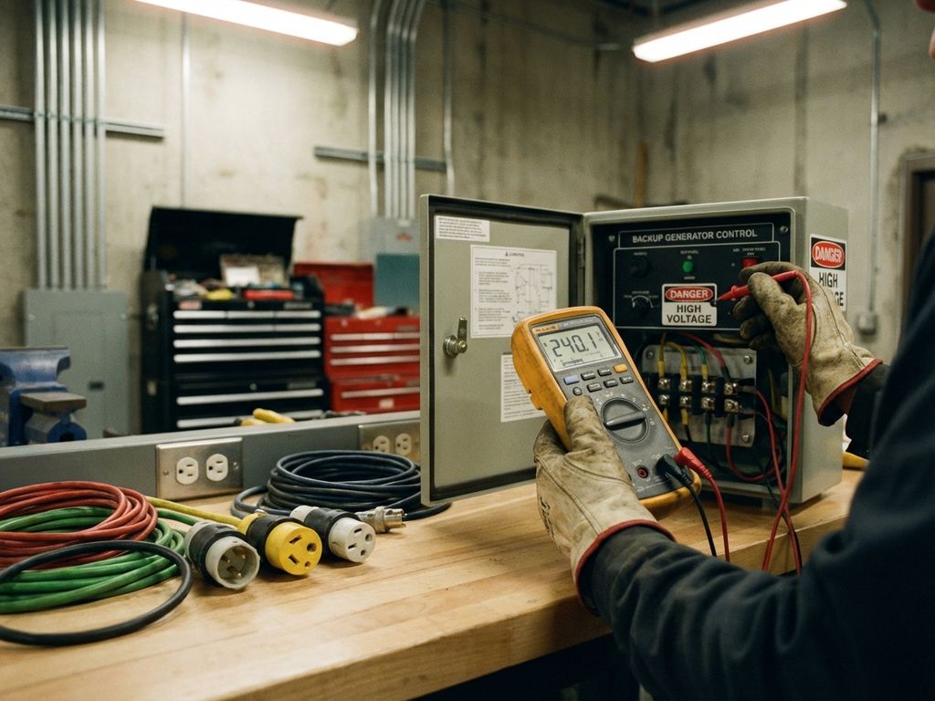 Ingenieur houdt digitale multimeter vast die stroommetingen toont bij generator bedieningspaneel op werkbank