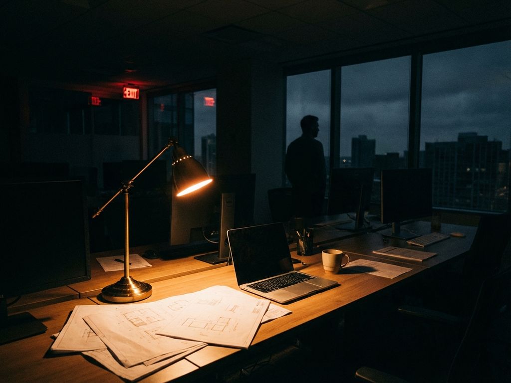 Donkere kantoorruimte tijdens stroomuitval met persoon bij raam, alleen bureaulamp verlicht papieren op bureau