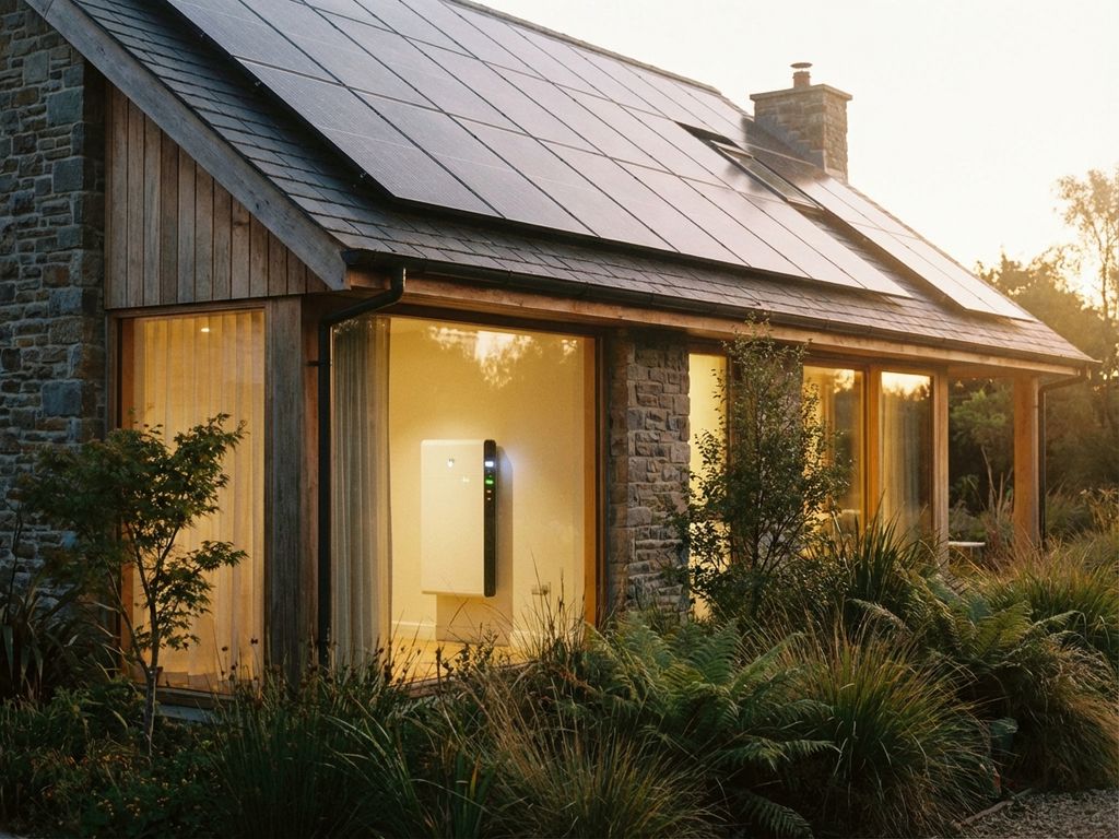Modern huis met zonnepanelen op dak en batterijsysteem, omgeven door groene tuin tijdens gouden uur