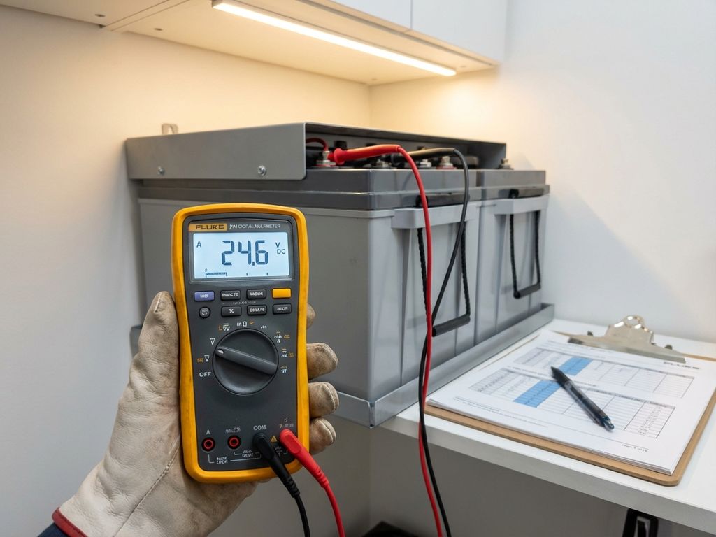 Hand met digitale multimeter meet spanning van noodstroomaccu gemonteerd op witte muur in technische ruimte