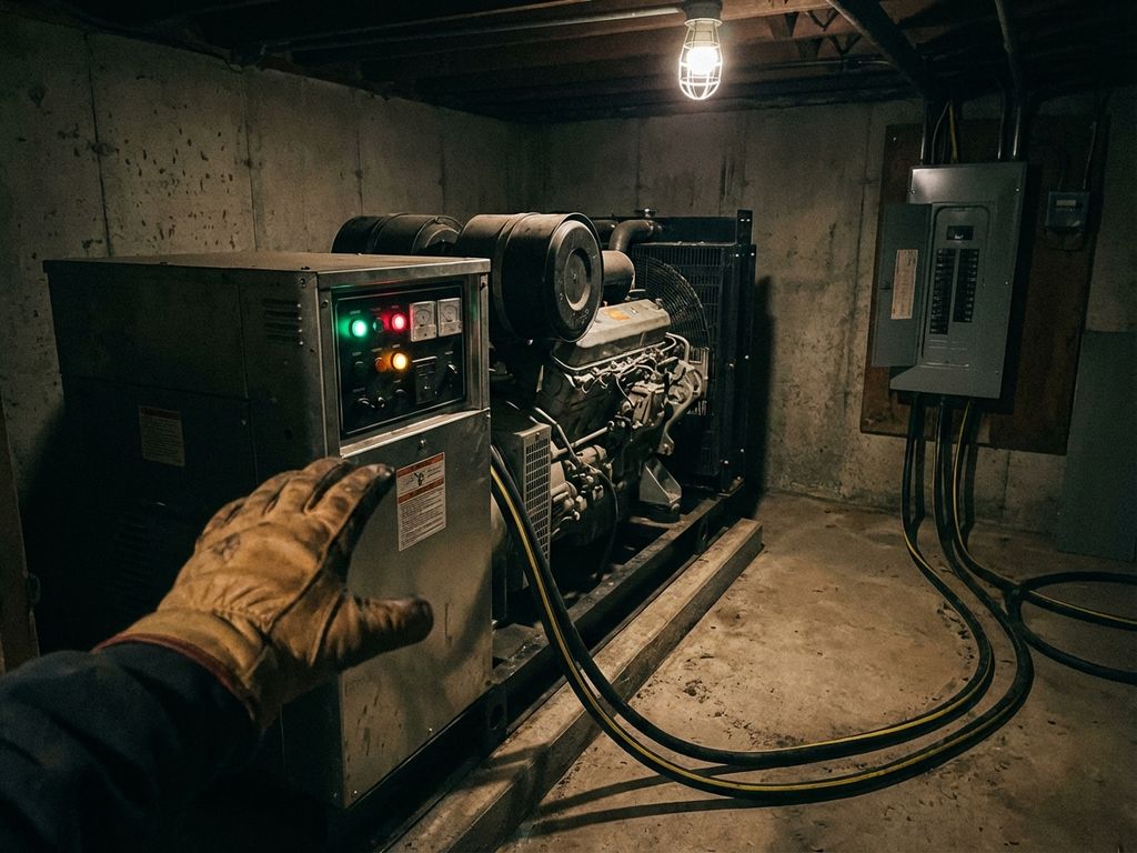 Hand reikt naar grote noodgenerator in kelder, bedieningspaneel met verlichte lampjes, stroomkabels naar schakelpaneel