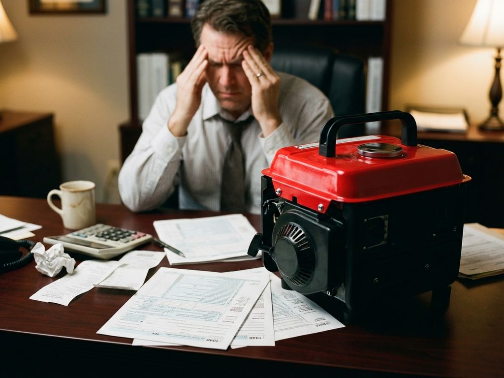 Rode noodgenerator op bureau met belastingdocumenten, calculator en koffiekop, zakenman op achtergrond