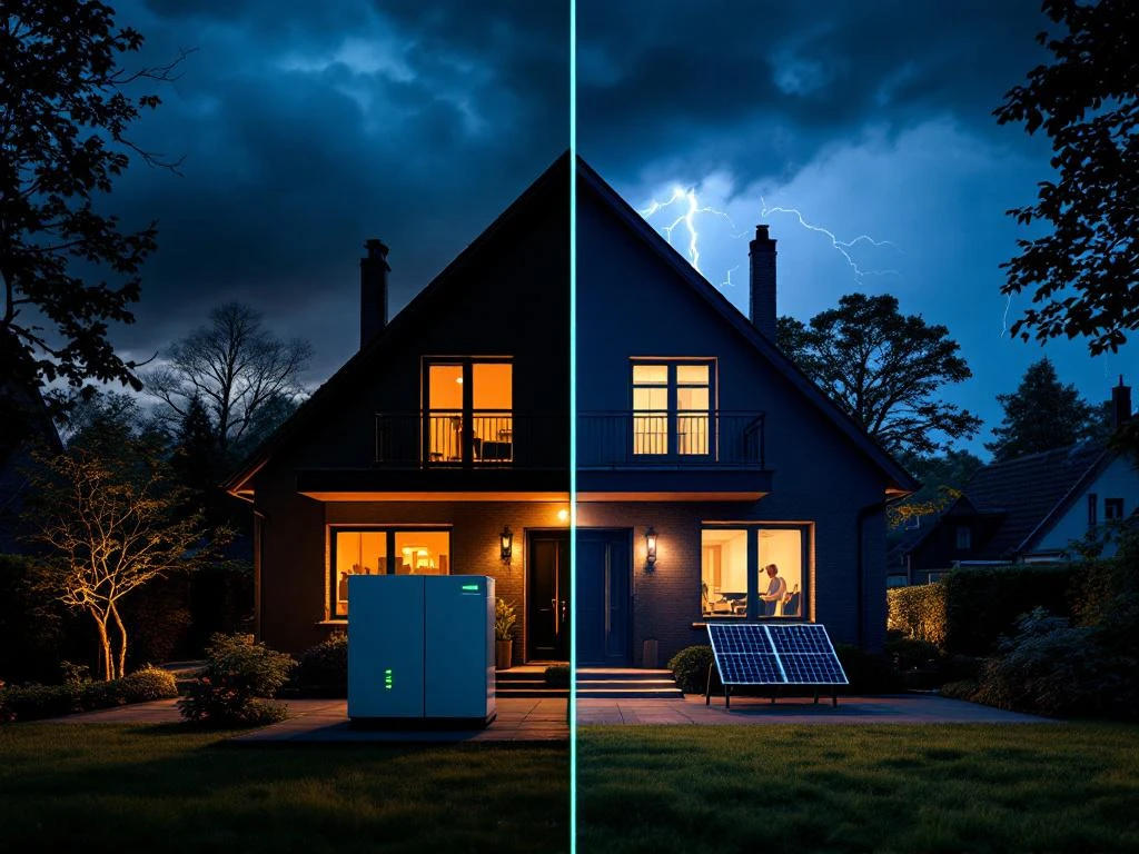 Nederlandse woning met noodstroom verlicht tijdens stroomuitval, zonnepanelen en batterij zichtbaar, buurhuizen donker