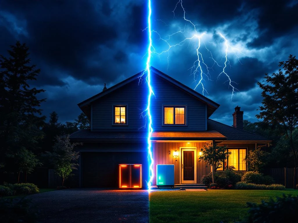 Huis met noodstroom tijdens stroomuitval: donkere buurt links, verlicht huis met zonnepanelen en batterijen rechts