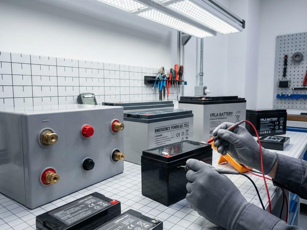 Verschillende noodstroomaccu's op werkbank met ingenieur die batterij test met multimeter in professionele werkplaats