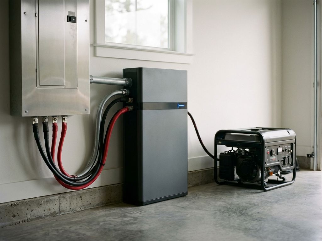 Moderne elektrische paneel met noodstroomgenerator en batterij-backup systeem in georganiseerde opstelling in garage