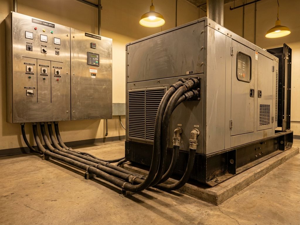 Backup stroomgenerator verbonden met elektrisch controlepaneel via dikke kabels in industriële omgeving