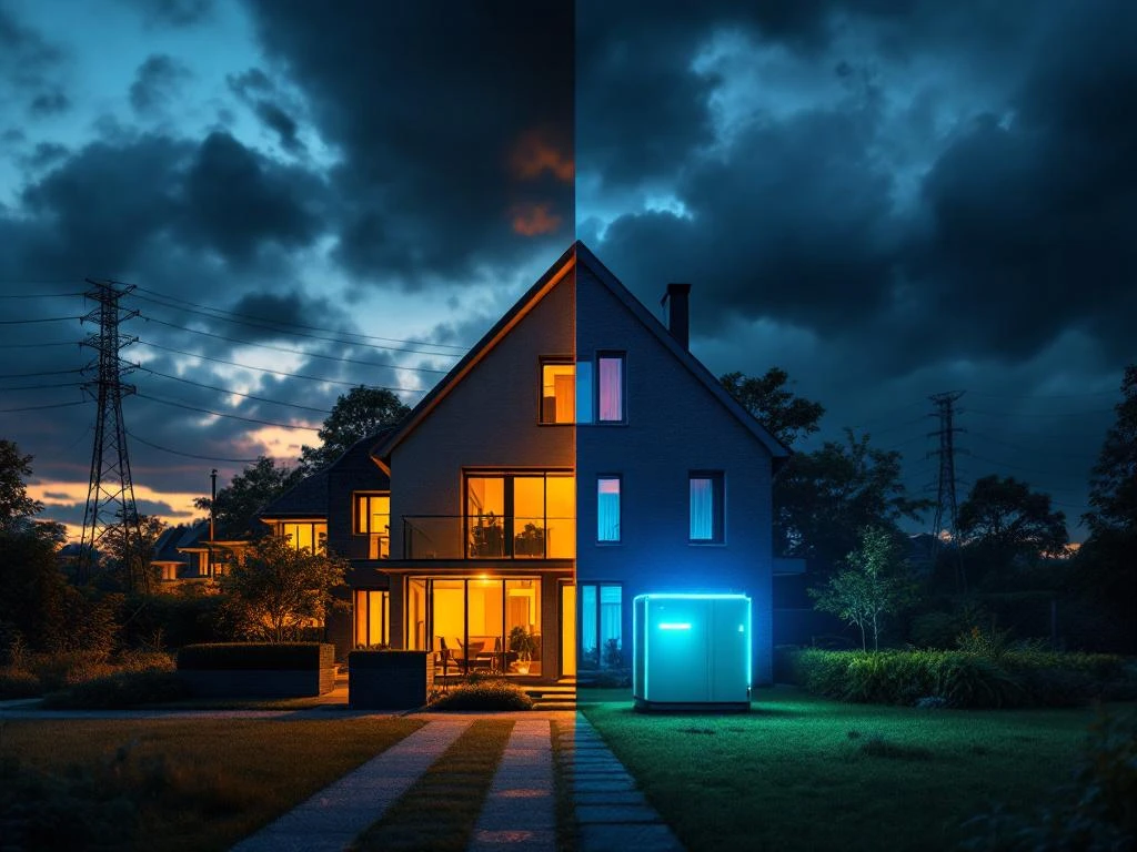 Nederlands huis bij schemering met verlichting versus hetzelfde huis in duisternis met noodgenerator tijdens storm