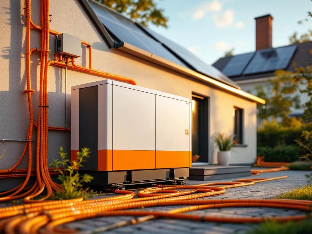 Moderne noodstroomgenerator met oranje behuizing naast Nederlands huis, aangesloten via gekleurde kabels op zonnepanelen