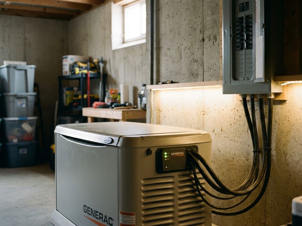 Moderne noodstroomgenerator in kelder aangesloten op elektriciteitspaneel met dikke kabels in woonhuis