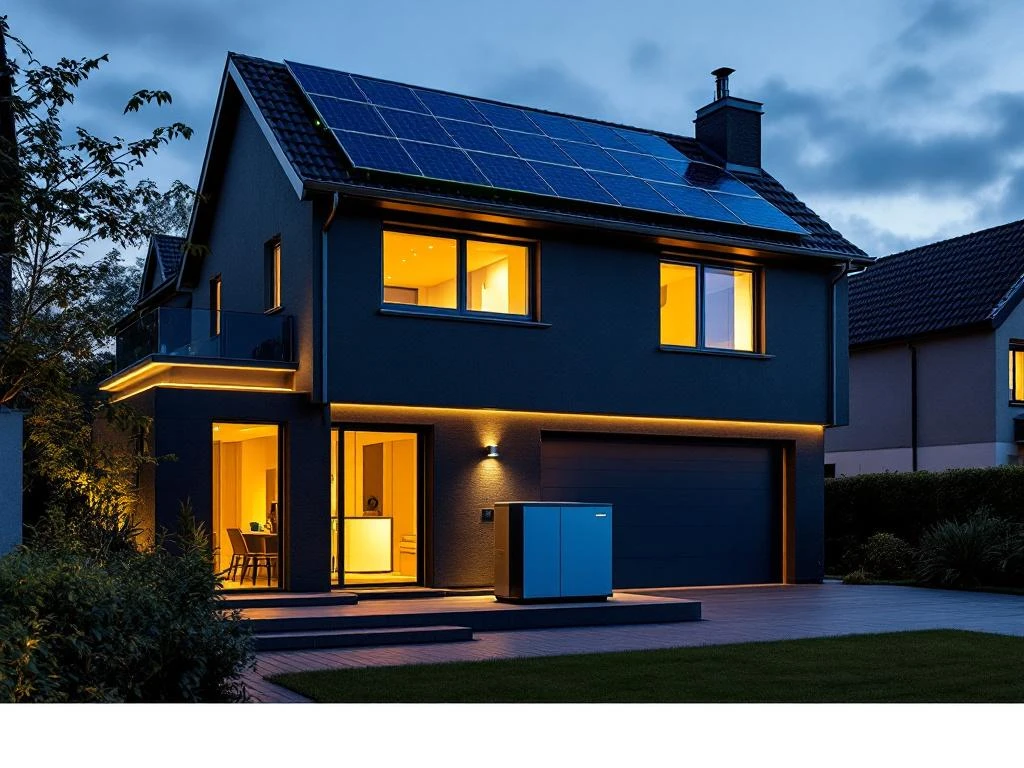 Modern Nederlands huis met zonnepanelen en noodstroomgenerator, verlichte ramen tegen donkere omgeving 's avonds