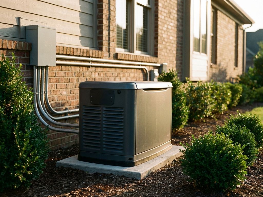 Moderne noodstroomgenerator op betonnen fundering naast woonhuis met elektrische bedrading en onderhouden tuin