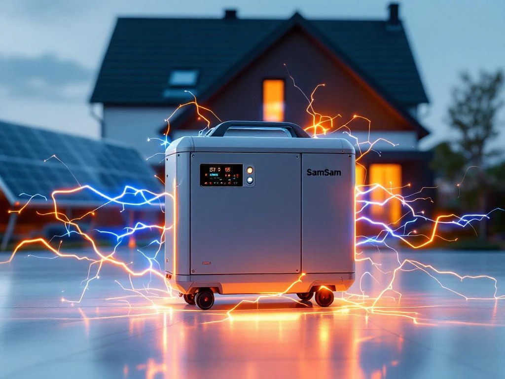 Moderne noodstroomgenerator met elektrische effecten, zonnepanelen en Nederlandse woning op achtergrond