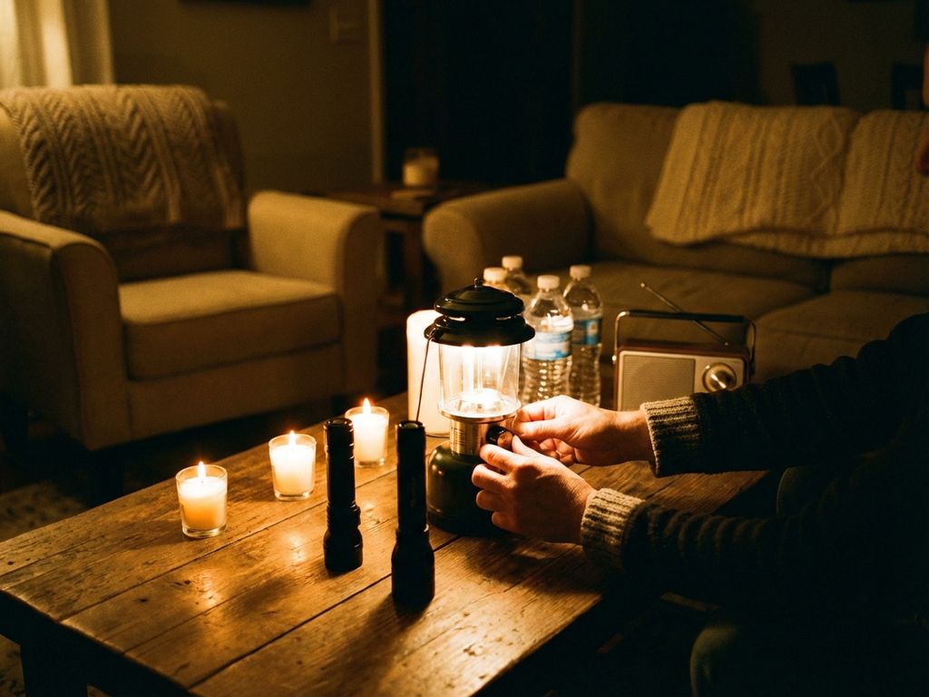Persoon stelt batterijlantaarn bij op koffietafel met noodvoorzieningen tijdens stroomuitval, kaarslicht verlicht woonkamer