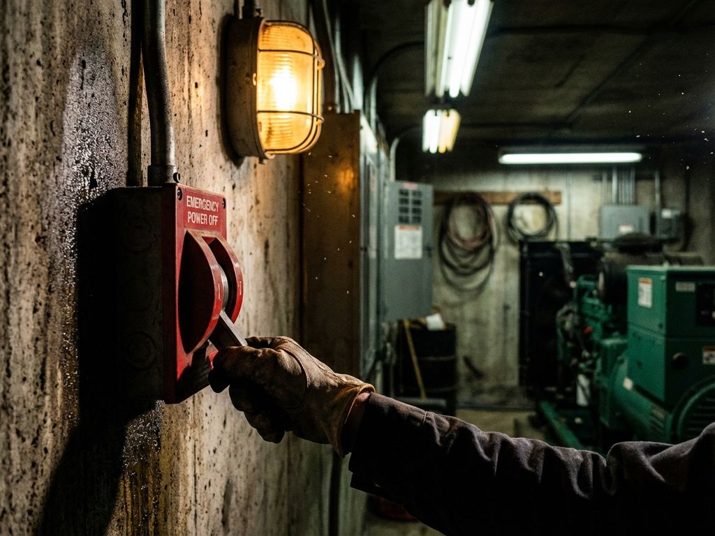 Hand trekt grote rode noodstroom schakelaar naar beneden in industriële ruimte met noodverlichting aan