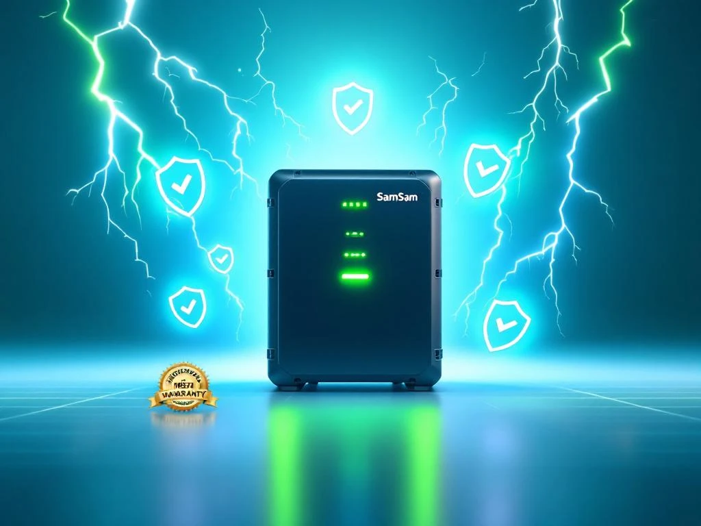 Noodstroomsysteem met groene LED-indicatoren omringd door garantieschilden, bliksemschichten en zonnepaneeltexturen