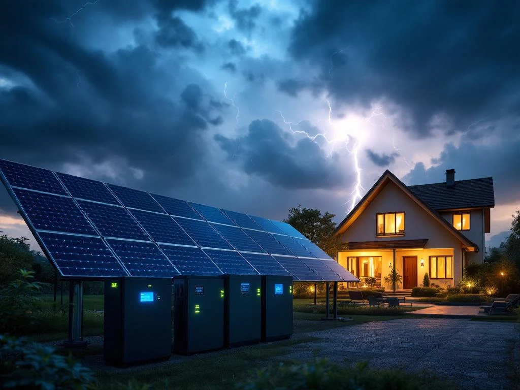 Moderne noodstroomcentrale met zonnepanelen en batterijen met blauwe LED-indicatoren tijdens onweersbui boven verlicht huis