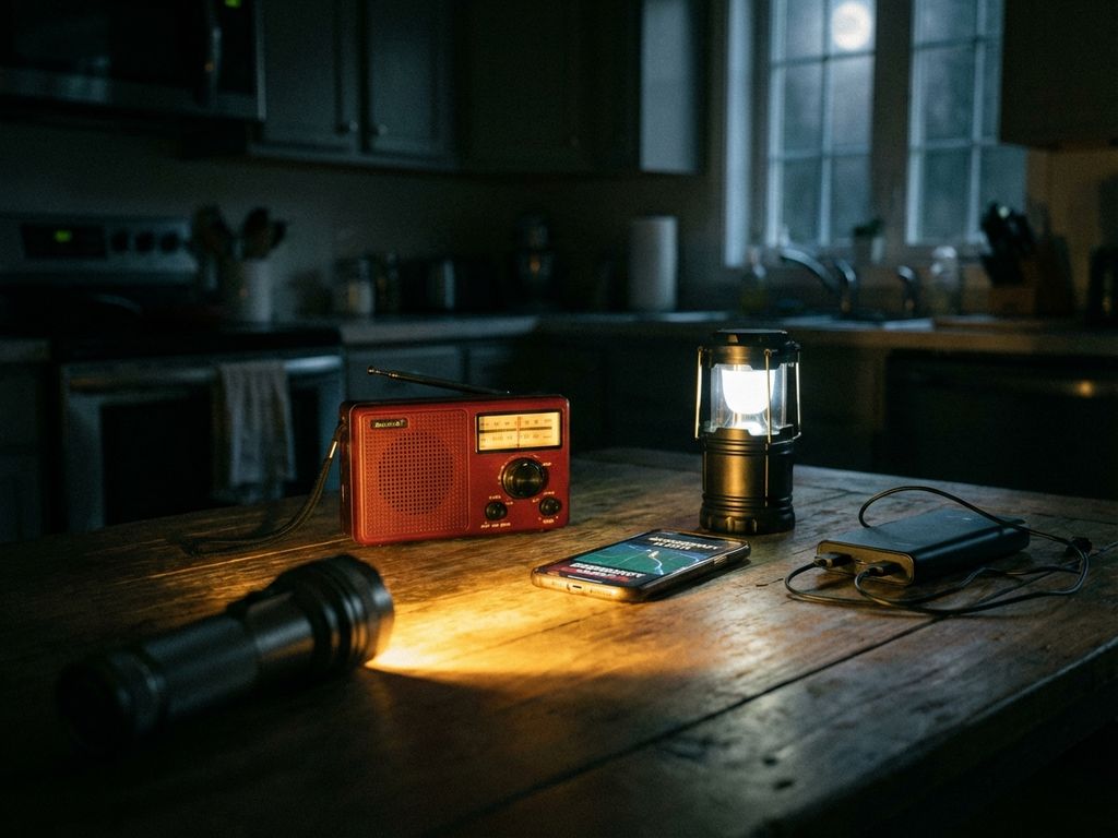 Zaklamp verlicht noodapparatuur op keukentafel tijdens stroomuitval: radio, smartphone, lantaarn en powerbank