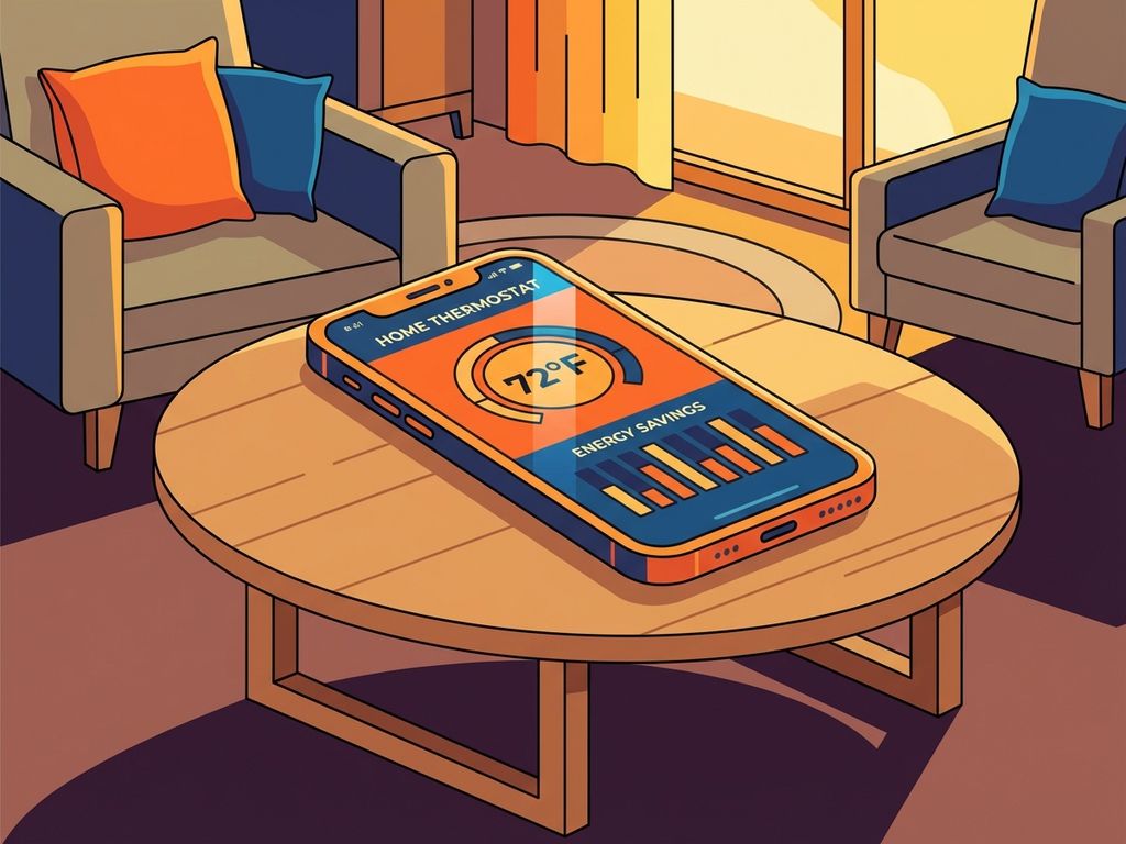 Smartphone met slimme thermostaat-app toont temperatuurinstellingen op houten tafel in moderne woonkamer