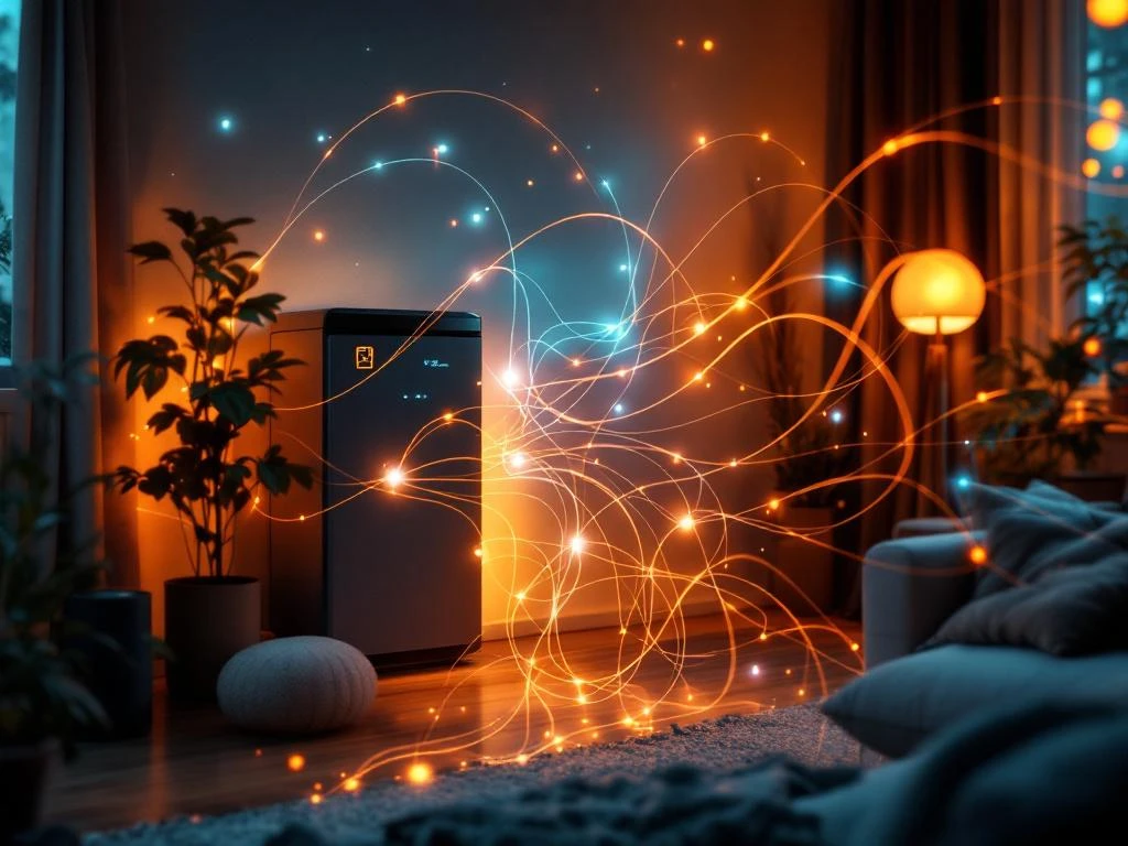 Slimme warmtepomp met blauwe LED-indicatoren en oranje-turquoise datastromen in moderne Nederlandse woonkamer