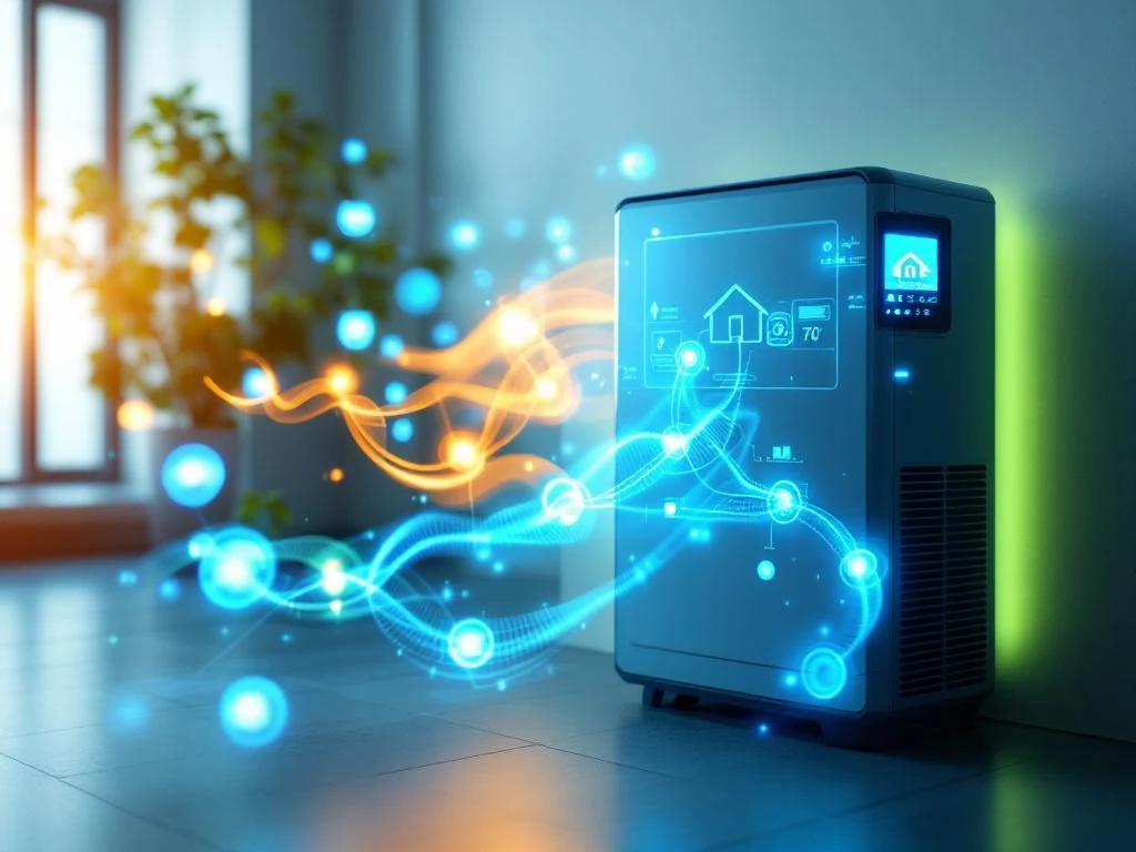 Moderne warmtepomp met slimme technologie-interfaces en energiestromen in duurzaam huissysteem